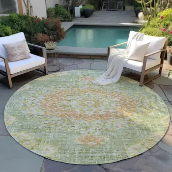 8' Artichoke Green Round Floral Medallion Washable Indoor Outdoor Area Rug