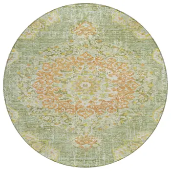 8' Artichoke Green Round Floral Medallion Washable Indoor Outdoor Area Rug
