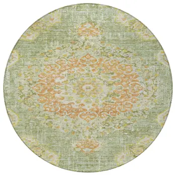 8' Artichoke Green Round Floral Medallion Washable Indoor Outdoor Area Rug