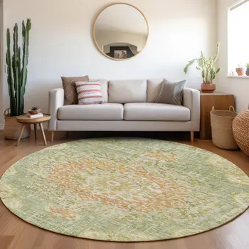 8' Artichoke Green Round Floral Medallion Washable Indoor Outdoor Area Rug