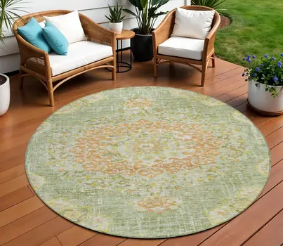 8' Artichoke Green Round Floral Medallion Washable Indoor Outdoor Area Rug