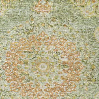 9' X 12' Artichoke Green Floral Medallion Washable Indoor Outdoor Area Rug