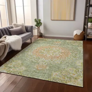 9' X 12' Artichoke Green Floral Medallion Washable Indoor Outdoor Area Rug