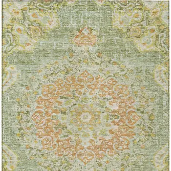 10' X 14' Artichoke Green Floral Medallion Washable Indoor Outdoor Area Rug