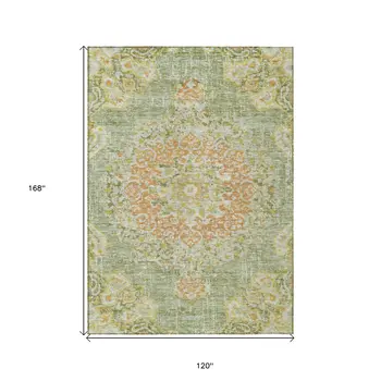 10' X 14' Artichoke Green Floral Medallion Washable Indoor Outdoor Area Rug