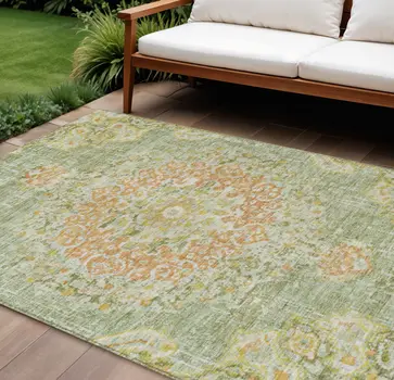 10' X 14' Artichoke Green Floral Medallion Washable Indoor Outdoor Area Rug