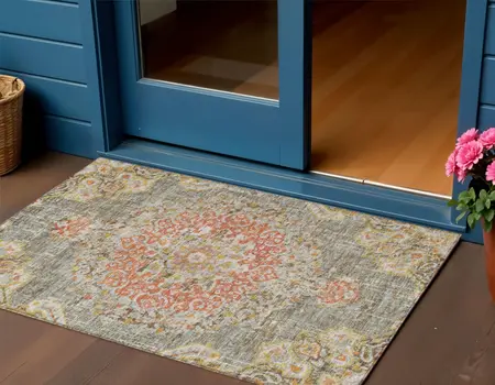 3' X 5' Brown Floral Medallion Washable Indoor Outdoor Area Rug
