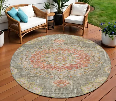 8' Brown Round Floral Medallion Washable Indoor Outdoor Area Rug