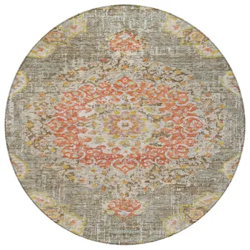 8' Brown Round Floral Medallion Washable Indoor Outdoor Area Rug