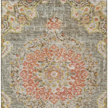 9' X 12' Brown Floral Medallion Washable Indoor Outdoor Area Rug