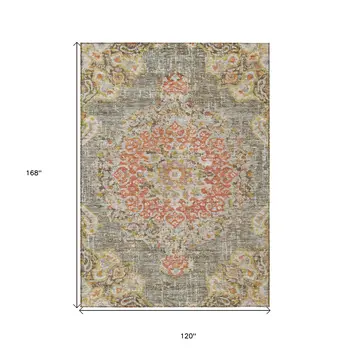 10' X 14' Brown Floral Medallion Washable Indoor Outdoor Area Rug