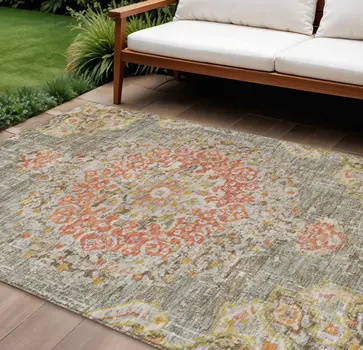 10' X 14' Brown Floral Medallion Washable Indoor Outdoor Area Rug
