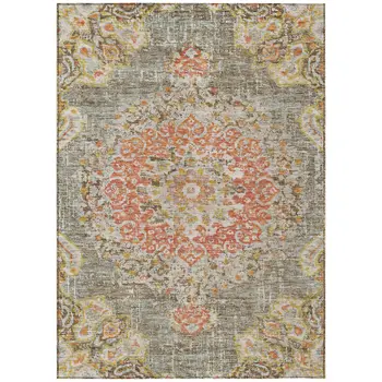 10' X 14' Brown Floral Medallion Washable Indoor Outdoor Area Rug