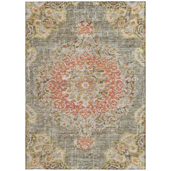10' X 14' Brown Floral Medallion Washable Indoor Outdoor Area Rug