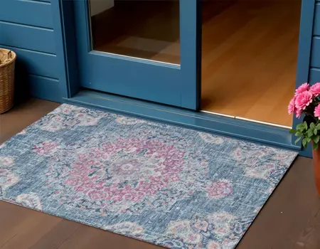 3' X 5' Blue Floral Medallion Washable Indoor Outdoor Area Rug