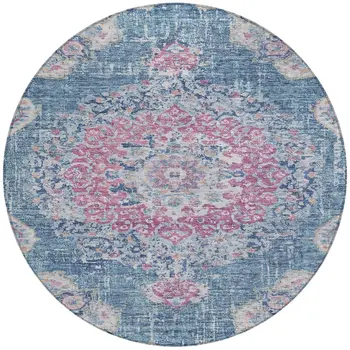 8' Blue Round Floral Medallion Washable Indoor Outdoor Area Rug