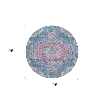 8' Blue Round Floral Medallion Washable Indoor Outdoor Area Rug