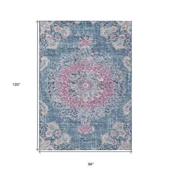8' X 10' Blue Floral Medallion Washable Indoor Outdoor Area Rug