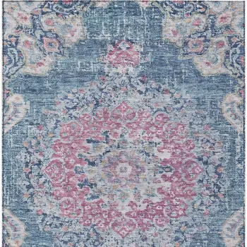 8' X 10' Blue Floral Medallion Washable Indoor Outdoor Area Rug