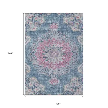 9' X 12' Blue Floral Medallion Washable Indoor Outdoor Area Rug