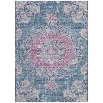 10' X 14' Blue Floral Medallion Washable Indoor Outdoor Area Rug