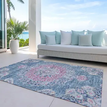 10' X 14' Blue Floral Medallion Washable Indoor Outdoor Area Rug