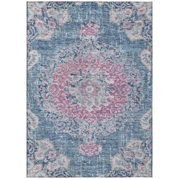 10' X 14' Blue Floral Medallion Washable Indoor Outdoor Area Rug