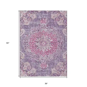 3' X 5' Purple Floral Medallion Washable Indoor Outdoor Area Rug