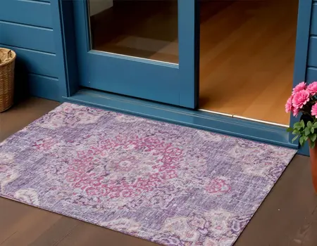3' X 5' Purple Floral Medallion Washable Indoor Outdoor Area Rug