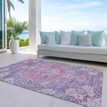 3' X 5' Purple Floral Medallion Washable Indoor Outdoor Area Rug