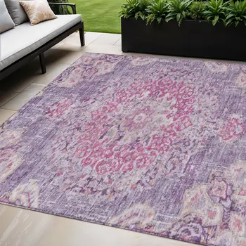 5' X 8' Purple Floral Medallion Washable Indoor Outdoor Area Rug