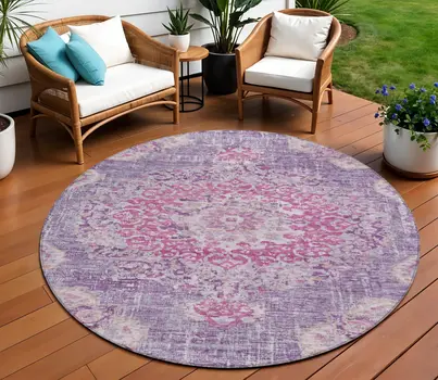 8' Purple Round Floral Medallion Washable Indoor Outdoor Area Rug