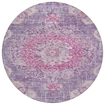 8' Purple Round Floral Medallion Washable Indoor Outdoor Area Rug