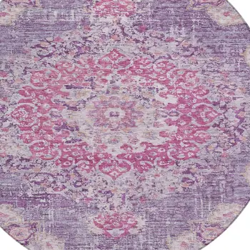 8' Purple Round Floral Medallion Washable Indoor Outdoor Area Rug