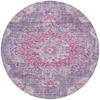 8' Purple Round Floral Medallion Washable Indoor Outdoor Area Rug