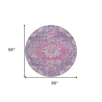 8' Purple Round Floral Medallion Washable Indoor Outdoor Area Rug