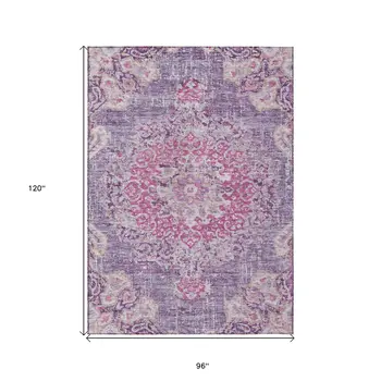 8' X 10' Purple Floral Medallion Washable Indoor Outdoor Area Rug