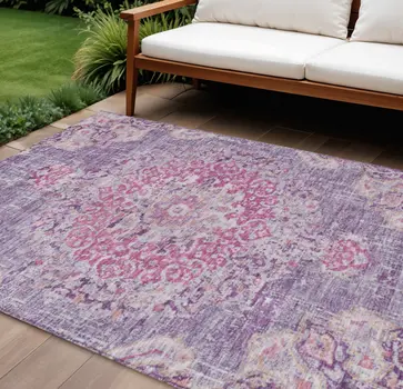 9' X 12' Purple Floral Medallion Washable Indoor Outdoor Area Rug