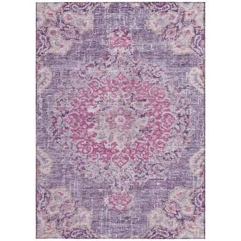 9' X 12' Purple Floral Medallion Washable Indoor Outdoor Area Rug