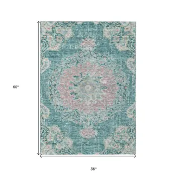 3' X 5' Teal Blue Floral Medallion Washable Indoor Outdoor Area Rug