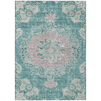 3' X 5' Teal Blue Floral Medallion Washable Indoor Outdoor Area Rug