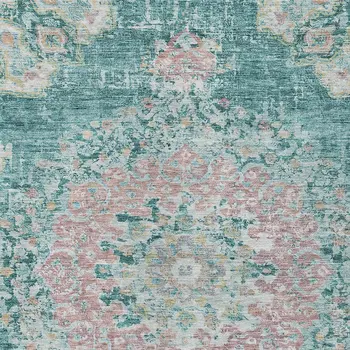 3' X 5' Teal Blue Floral Medallion Washable Indoor Outdoor Area Rug
