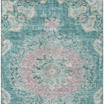 5' X 8' Teal Blue Floral Medallion Washable Indoor Outdoor Area Rug