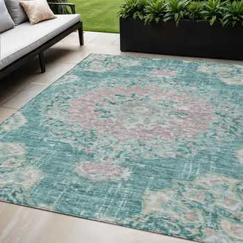 5' X 8' Teal Blue Floral Medallion Washable Indoor Outdoor Area Rug
