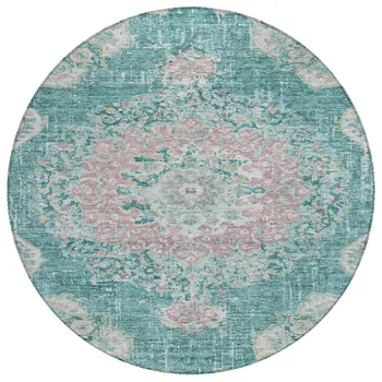 8' Teal Blue Round Floral Medallion Washable Indoor Outdoor Area Rug