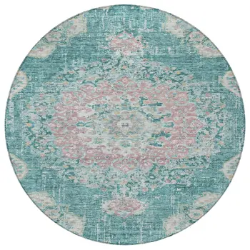 8' Teal Blue Round Floral Medallion Washable Indoor Outdoor Area Rug
