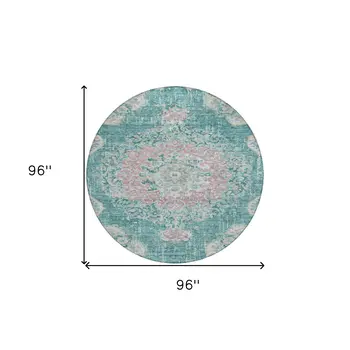8' Teal Blue Round Floral Medallion Washable Indoor Outdoor Area Rug