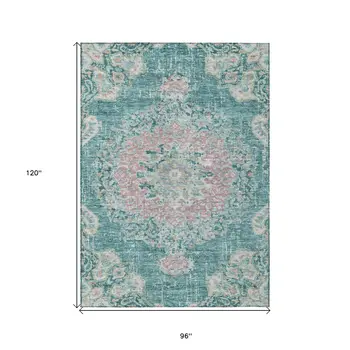 8' X 10' Teal Blue Floral Medallion Washable Indoor Outdoor Area Rug