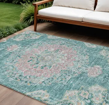 8' X 10' Teal Blue Floral Medallion Washable Indoor Outdoor Area Rug