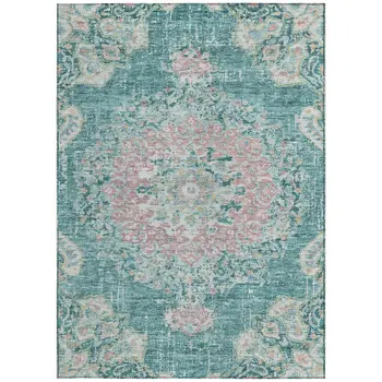8' X 10' Teal Blue Floral Medallion Washable Indoor Outdoor Area Rug
